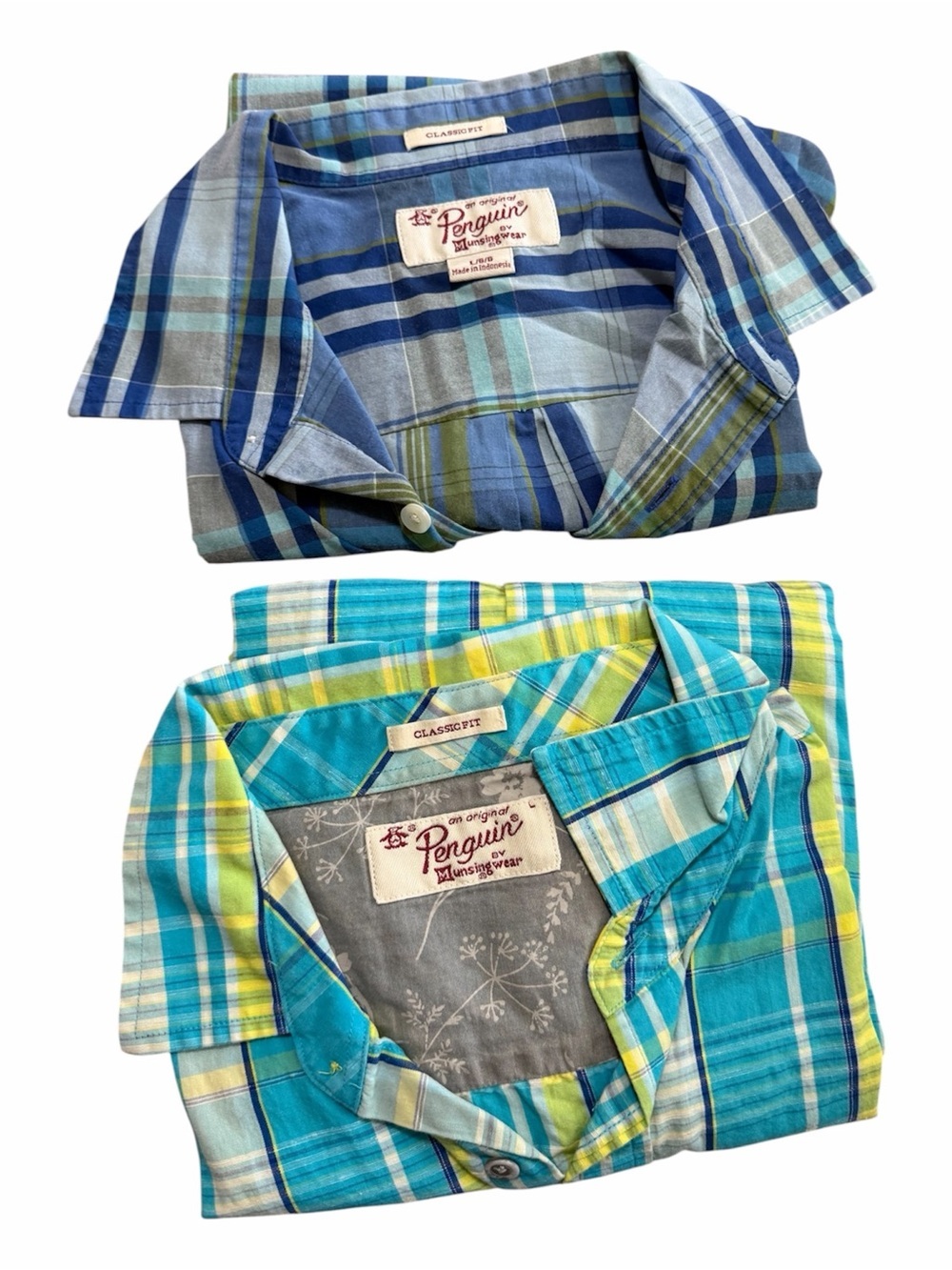 Bundle Two Penguin Plaid Casual Button Shirts Size Large Summer Vacation Preppy